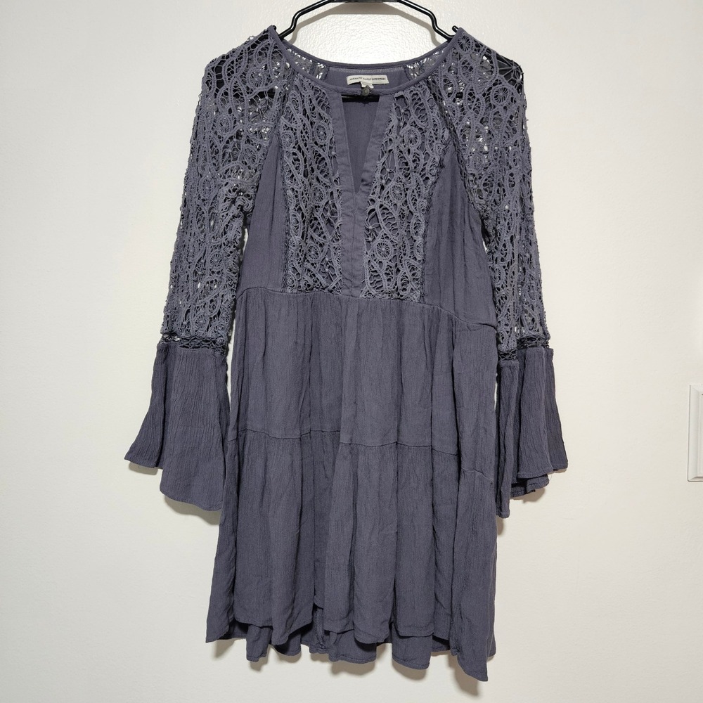 American Eagle Crochet Lace Mini Dress Gray Boho Bell Sleeve Tiered Gauze Medium